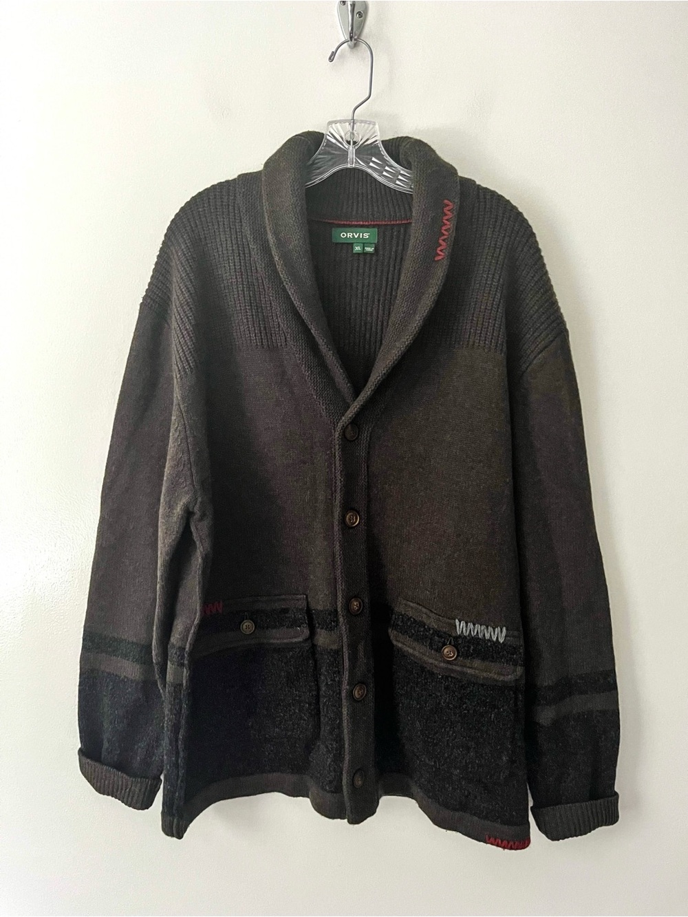 Orvis 100% Merino Wool Shawl Cardigan Sweater Ribbed Knit Contrast Stitch XL